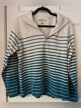 Orvis 100% Cotton Striped Quarter Zip Sweater Teal Cream Size L